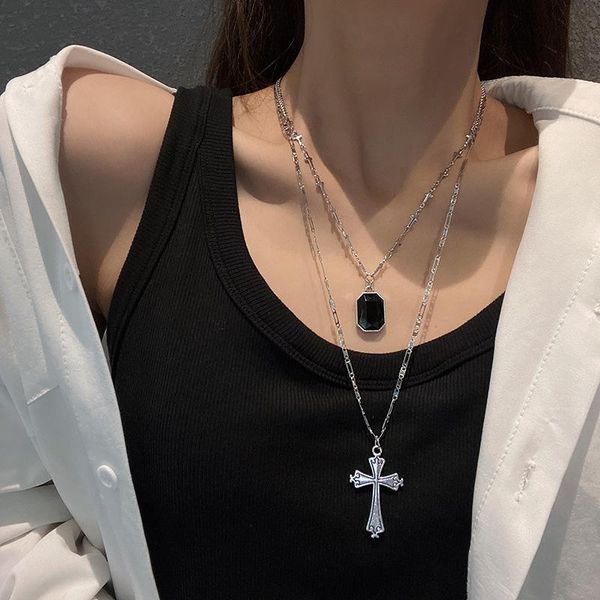 

pendant necklaces european and american temperament double layer obsidian titanium steel necklace female retro hip-hop style cross trend, Silver