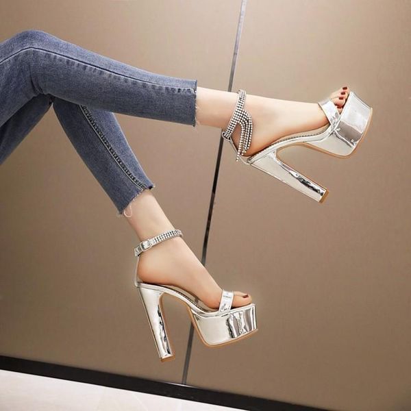 

boots 2021 summer rhinestone flat buckle waterproof platform high-heeled shoes women's thin heels fashion super women sandals, Black