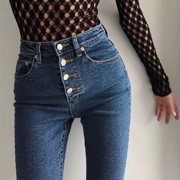 

shestyle button up high waist jeans women 2021 spring pockets elastic fashion denim skinny pencil pant tight fitted trousersby, Black;white