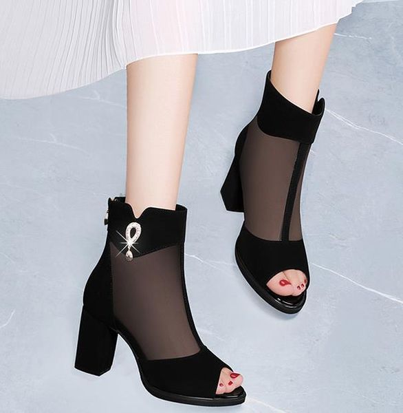 

dress shoes fish mouth sandals female autumn 2021 black ladies high heels thick with wild mesh breathable red