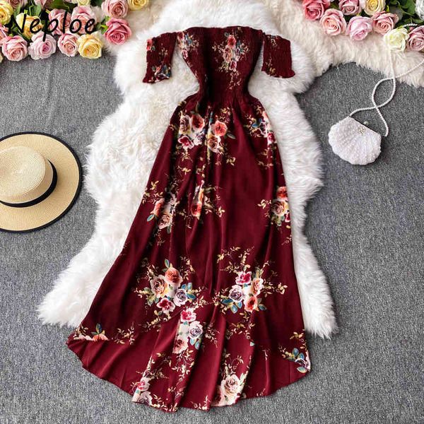 

neploe slash neck shoulder strapless split dress bohemian slim waist femme vestidos fashion new flower print dresses women 210423, Black;gray