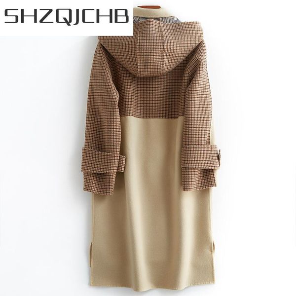 

women's wool & blends shzq elegant autumn winter coat women female long jacket hooded korean both sided woolen clothes black overcoat 1