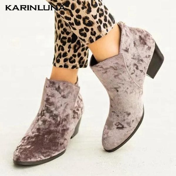 

boots karin drop female shoes chunky heels flock ankel women zip up solid square, Black