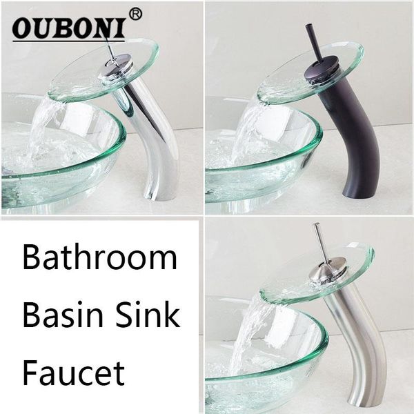 

bathroom sink faucets ouboni chrome polish black orb transparent tempered nickel brush tap waterfall glass water basin mixer faucet