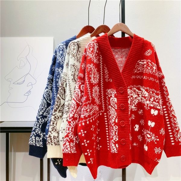 

knits vintage oversized long jacket graffiti jacquard thick cardigans v-neck cardigan sweater, White