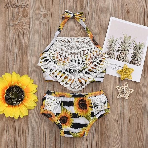 

girls swimwear children summer toddler floral tassel +sunflower swimsuit bikini shorts outfits set beachwear fashion one-pieces, Black