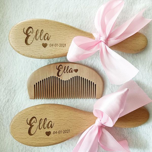 

custom name baby bathing comb care hair brush pure natural wool wood born massager shower and registry gift party favor