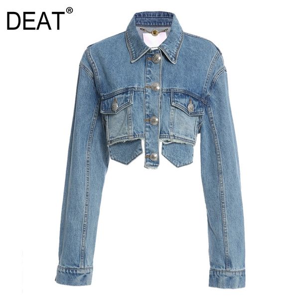 

lapel collar solid blue streetwear pocket single breasted short fringe denim coats and jackets women spring gx264 210421, Black;brown