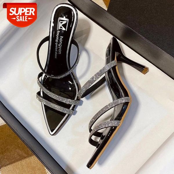 

2021 pointed stiletto women high heel slip on external wear rhinestone cross vamp summer ladies slides female dress shoes #ck3b