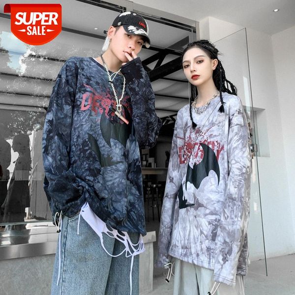 

long-sleeved t-shirt men's round neck hip-hop dark oversize retro loose black bat tie-dye printing guard clothes #u40p