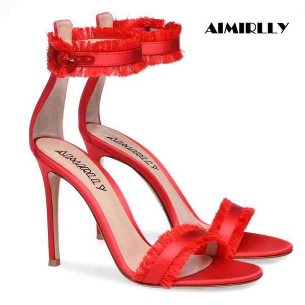 

womens sandals open toe high heels shoes red satin fringe strap ladies party wedding dress stilettos ankle buckle aimirlly, Black