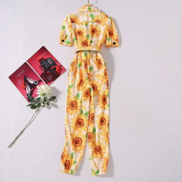 

capris 2021 summer style women turn-down collar suower print chest pocket deco short sleeve casual jumpsuits, Black;gray