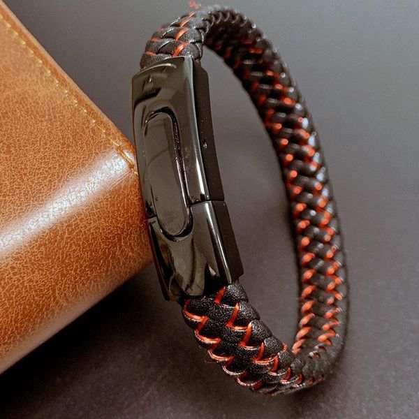 

charm bracelets bracelet men black red braided leather fashion stainless steel buckle male wrist band 2021 erkek bileklik 0047, Golden;silver