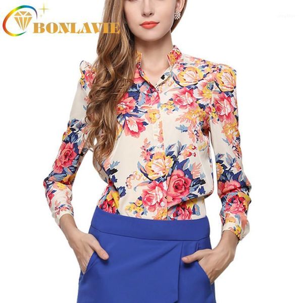 

women summer blouse floral full sleeve chiffon stand-up collar puff office lady plus size pink cardigan blouses women's & shirts, White
