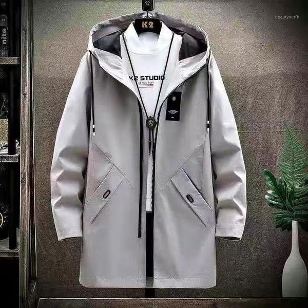 

men's trench coats 2021 thin or thick with velvet windbreaker men hooded printed overcoats casual long male -4xl, Tan;black