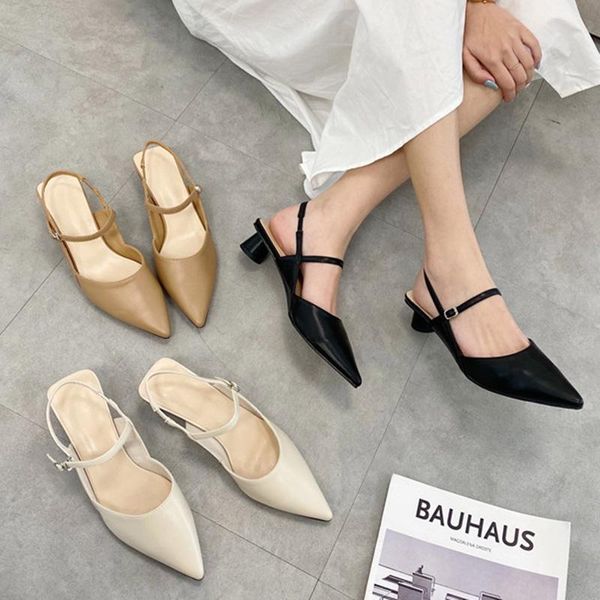 

summer style women elegant khaki low heels party sandals pointed toe block buclek strap female shoes, Black