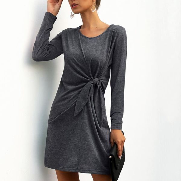 

fashion women dress casual round neck waist tie chic dresses summer solid slim fit pencil basic shirt vestidos, Black;gray