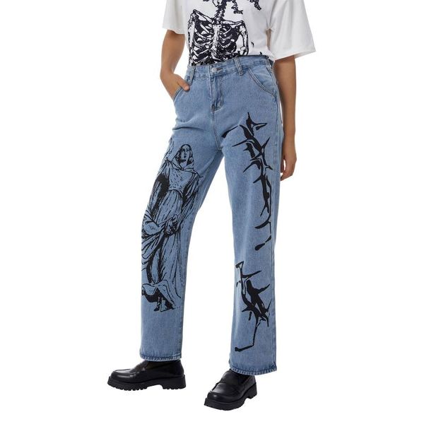 

women's jeans women clothing casual button wide leg vintage printing high waist loose denim pants with pocket, Blue