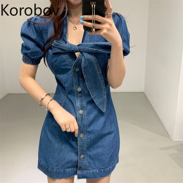 

korobov korean streetwear denim mini dresses vintage bow collar puff sleeve a-line dress single breasted vestidos femme 210430, Black;gray