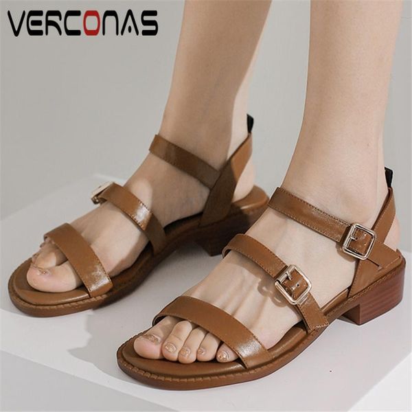

sandals verconas retro concise fashion women summer low heels casual genuine leather buckle narrow band shoes woman arrival, Black