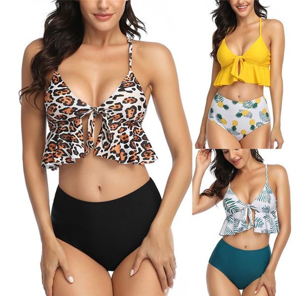 

bras sets 2021 women bikini set mujer ruffle floral printed swimsuit push up high waist biquinis brazilian swimwear k30, Red;black