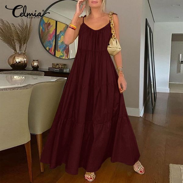 

dresses women 2021 summer v-neck beach maxi dress celmia spaghetti strap vestidos casual loose sleeveless solid sundress s-5xl, Black;gray