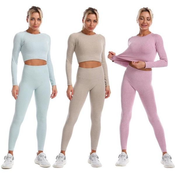 

yoga outfit women seamless suit long sleeve workout set tight breathable gym clothing running nylon exercise 2 two piece sport