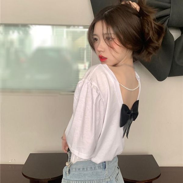 

women's t-shirt summer solid color round neck backless bow design pearl chain short-sleeved top, White