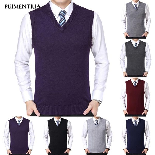 

men's vests puimentiua men solid color v-neck sweater vest business casual wear spring fashion 2021 size m-3xl sleeveless warm, Black;white