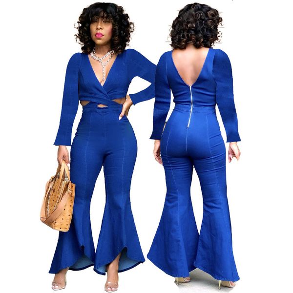 

2021 winter women's long sleeve deep v one-piece jeans, Black