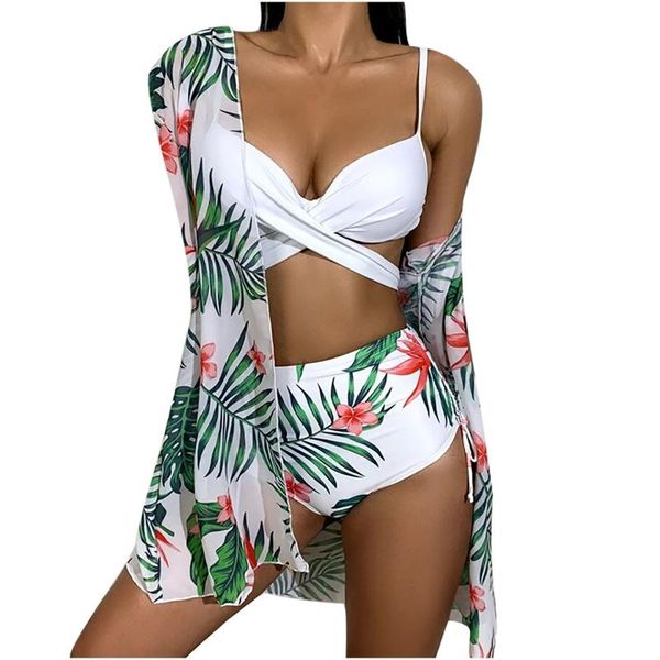 

women's swimwear 2021 bikini 3 pieces sets fashion women printed push-up padded swimsuit beachwear clothes bath suit, White;black
