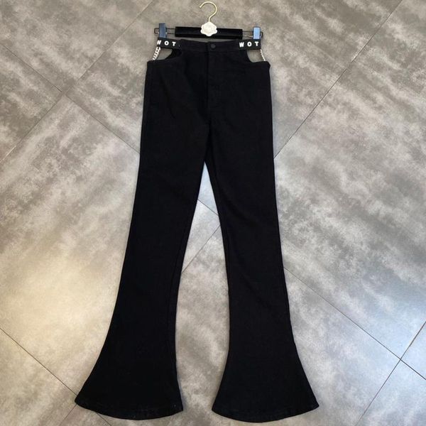 

women's pants & capris fabpop 2021 autumn design chain letters hollow out waist black slim long flare streetwear fashion tide gc121, Black;white