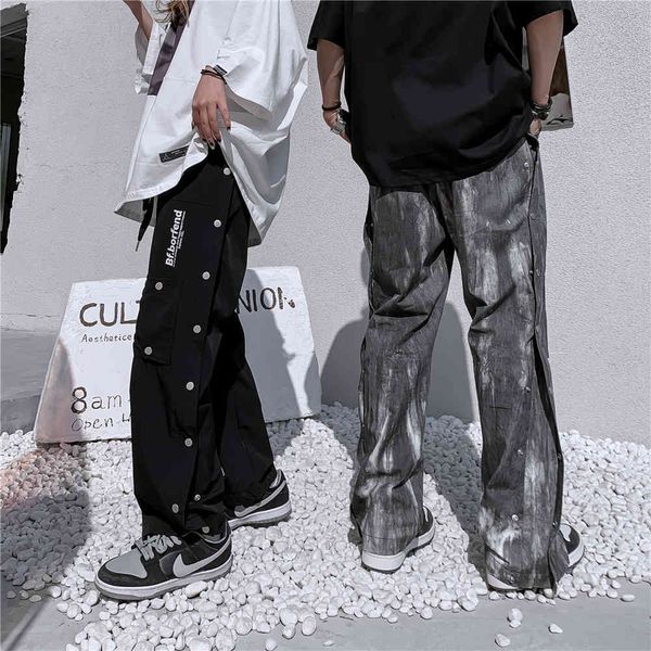 

pants trousers dark black functional style overalls men's side breasted decorative fashion brand dyed loose straight and women's c