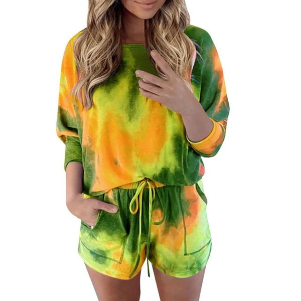 

women's tracksuits womens tie-dye long sleeve shorts set pajama night lounge short fashion drawstring sleepwear roupas feminina #g3, Gray