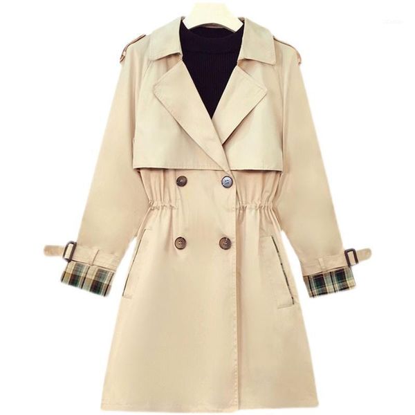 

women's trench coats fashion fall /autumn casual double breasted women plaid sleeves simple classic long coat khaki female midi windbre, Tan;black
