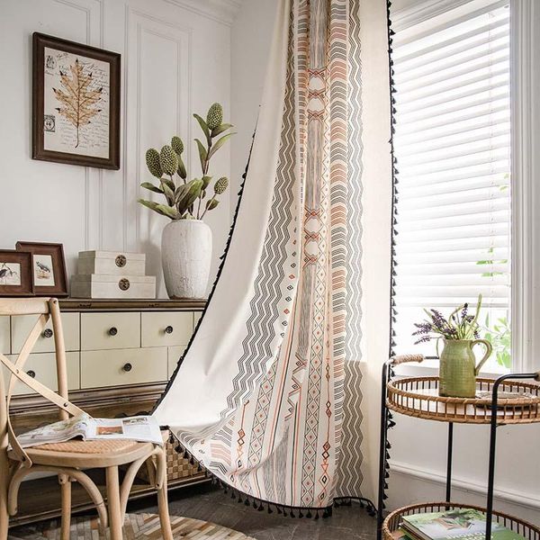 

curtain & drapes bohemian curtains in the living room cotton linen printed orange tribal black tassel semi-blackout bedroom home textile