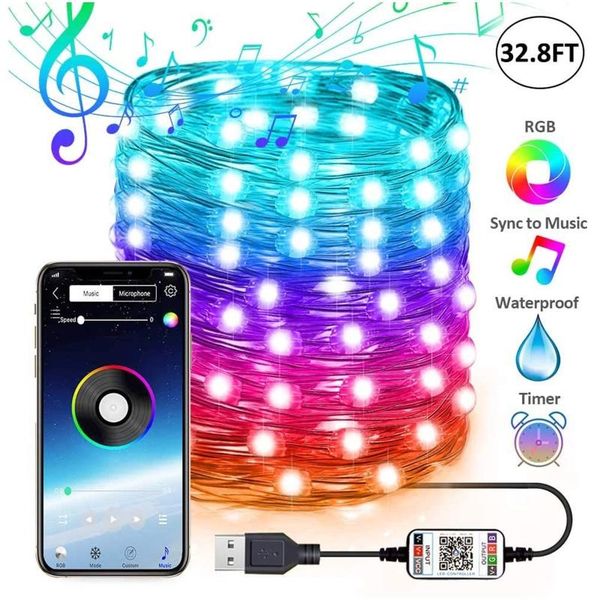 

strings 2/5/10/15/20 meters led light string christmas tree decoration copper wire lights bluetooth usb rgb app remote lamp