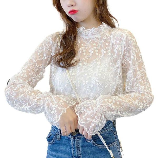 

women's blouses & shirts spring long sleeve women blouse with lace hollow out bottoming slim fit blusa mesh, White