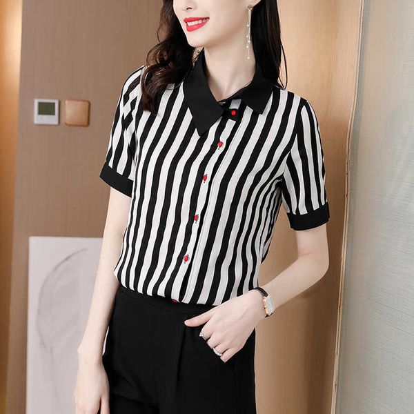 Camisa das mulheres coreanas blusas de seda para mulheres manga curta feminina top preto e branco blusa listrada mulher roupas de mulher ol tops 210604