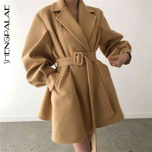 

korean chic autumn winter women's jacket suit collar with belt lantern sleeve cotton warm woolen coat 5a255 210427, Tan;black