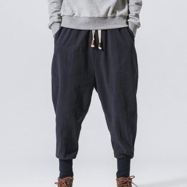 

men's pants 80% 2021 sporty men solid color ankle tied drawstring pockets drop crotch hip hop, Black