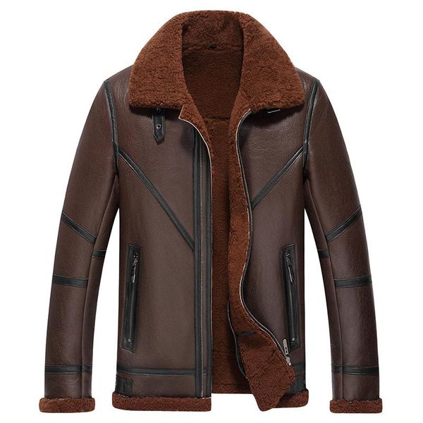 

men's jackets winter leather real sheepskin natural wool fur genuine bomber jacket brown pilot coat warm overcoat moto, Black;brown