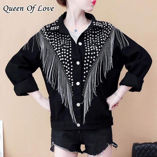 

women denim jakcet rivet tassel jean jackets turn down collar single breasted female coats 2021 ladies streetwear women's, Black;brown