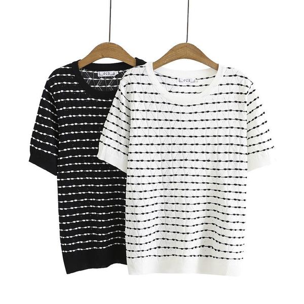 

plus size t-shirt large ladies summer tees loose show thin hollow out stripe ice silk short sleeve knit s9-2141, Black