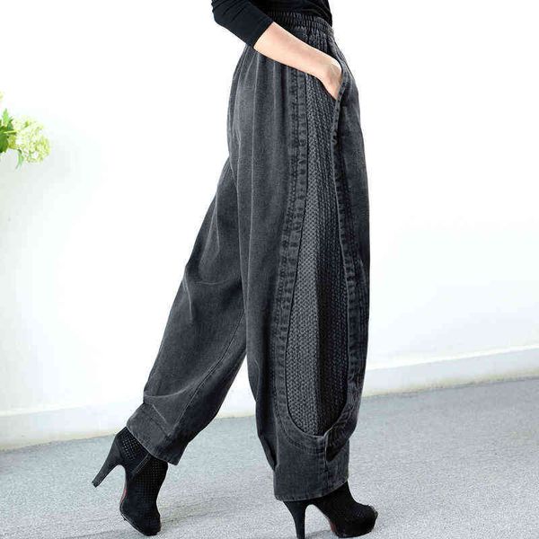 

arrival autumn women casual loose cotton denim ankle-length pants elastic waist patchwork harem jeans w620 211129, Blue