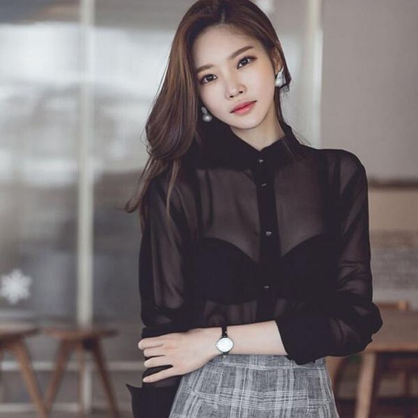 

women blouse 2021 black chiffon stand collar button ladies transparent long sleeve blusas df260 women's blouses & shirts, White
