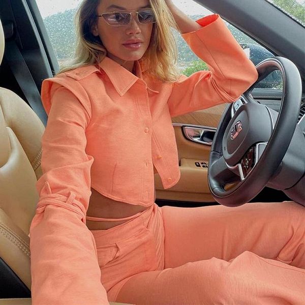 

women's two piece pants autumn fashion blazers set outfit 2 breasted crop & high rise suits casual women clothing orange gray, White