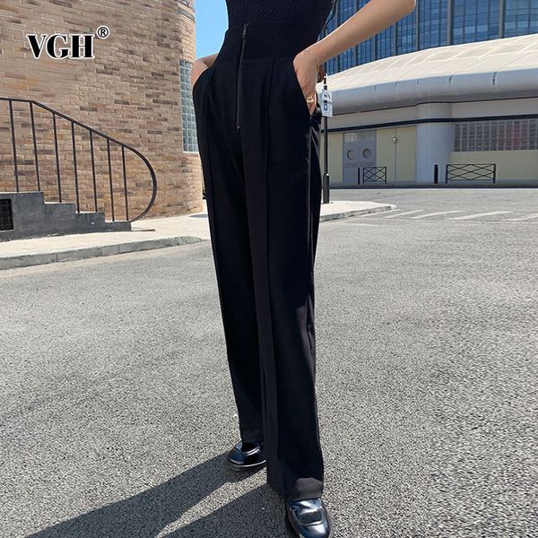 

vgh black casual trousers for women high waist patchwork zipper full length straight wide leg pants female fashion clothing 210421, Black;white