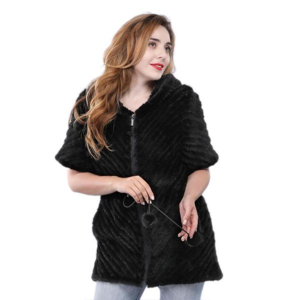 

winter women real jacket short sleeves zipper brand knitted outerwear coat clothing hooded women's & faux fur, Black