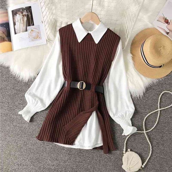 

autumn winter college style two piece set womens lantern sleeve white shirt blouse knitted sweater split vest with belt, White;black